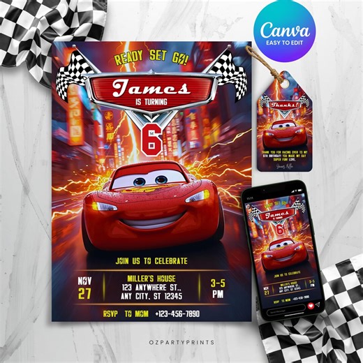 Cars Birthday Invitation, Lightning Mcqueen Party Invite, Kids Birthday Invitation, Editable Canva Template, Digital Download, Racing Theme - Etsy