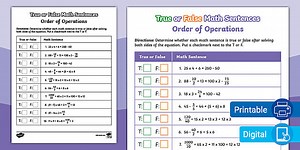 True or False Math Sentences - Order of Operations