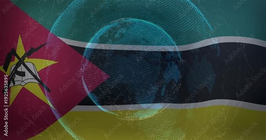 On start Mozambique flag serving as base, holographic globe appearing, rings pulsing, showing unity