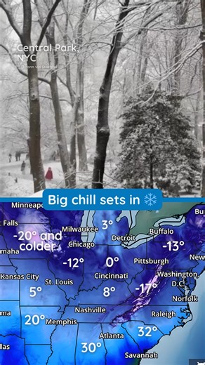 New York City got its first measurable snow overnight, at least 1.1 inches in Central Park, up to 5 inches in outer boroughs. But the real story is what's behind it. Bitter Arctic air is plunging south with wind chills dropping to minus-40 in the Great Lakes. Even Gulf Coast states will see temps in the 20s and 30s, way below their normal 40s. Cold Weather Advisories stretch from the Dakotas to the Gulf. Prolonged exposure without proper coverage can lead to cold-related illness. Get the full fo