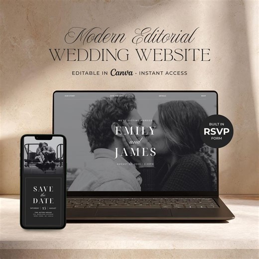 Modern Editorial Wedding Website Template, Elegant Canva Wedding Web Invitation With RSVP & Interactive Map - Etsy
