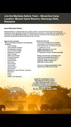 Employment Opportunities at Monachira Camp, Botswana
