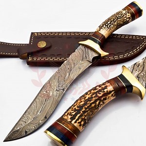 Personalized 10 Inch Damascus Steel Hunting Knife Handle Deer Antler W Leather Cover Handle Clip Shape Could Be Different Than in the Pics - Etsy