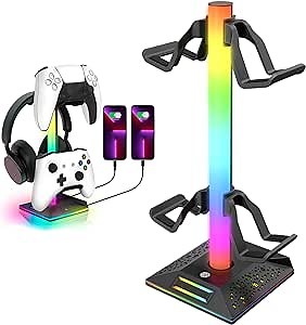 RGB Headphone Stand，Gaming Controller Holder，Desk Gaming Headset Holder with 10 Light Mode 2 USB Charging and 1 Type-C，Memory Feature for Gamers PC Earphone Accessories Desk