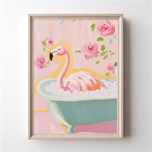 Pink Flamingo With Flowers Art Print Cute Bathroom Wall Decor Whimsical Animal Nursery Art Pastel Floral Illustration - Etsy