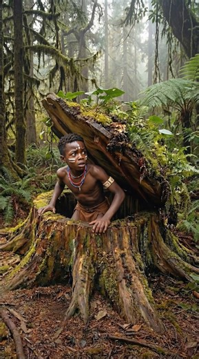 A young tribal boy escapes a pride of lions just in time, disappearing into what looks like an ordinary moss-covered tree stump deep in the African jungle. But beneath the surface lies a fully built underground survival bunker — complete with a command center, kitchen, sleeping quarters, and storage — all decorated with traditional African art, carved masks, and tribal patterns. Designed for concealment, survival, and self-sufficiency, this hidden bunker is impossible to detect, even by the lion