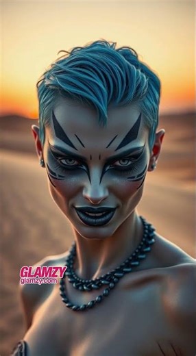 Avant Garde Model Blue Hair Desert Twilight Cinematic Makeu #Glamzy #makeupartist #makeup #facechart