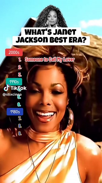 Was Janet better in the 80s, 90s or 00s? 1. Someone to Call My Lover (2001) 2. All for You (2001) 3. Call on Me ft. Nelly (2006) 4. Together Again (1997) 5. I Get Lonely remix ft. Blackstreet (1998) 6. That's the Way Love Goes (1993) 7. When I Think of You (1986) 8. Pleasure Principle (1987) 9. Rhythm Nation (1989) #janetjackson #janetjacksonedit #janetjacksonfan #rhythmnation #millennialsoftiktok #genxtiktokers #someonetocallmylover #90smusic #rnb #rnbmusic #fyp #stixcinna