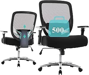 Big and Tall Office Chair 500lbs, 23.5in Wide Cushion Ergonomic Mesh Office Chair for Long Hours Work, BIFMA-Certified Heavy Duty Computer Desk Chair with 4D Armrest and Adjustable Lumbar Support