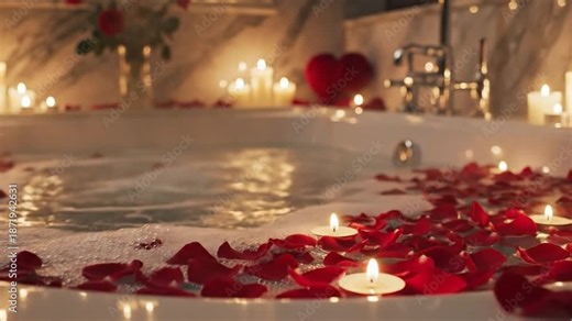 An exquisitely romantic and luxurious bath scene, featuring a deep bathtub filled with warm, bubbling water adorned with vibrant red rose petals and numerous flickering candlelight. The soft, golden g