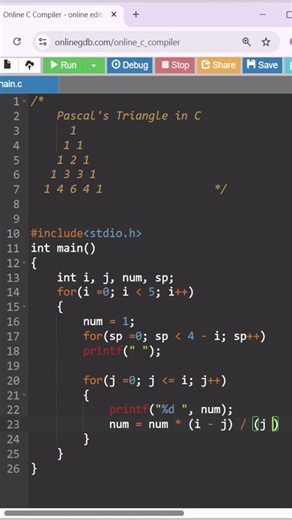 Pascal's Triangle in C | C Programming | #clanguage #coding #cprogramming #code #programmingshorts