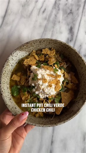 If you need a cozy, high-protein meal prep recipe that practically cooks itself, this Chile Verde Chicken Chili is it 🤍🌶️Made easily in the Instant Pot, this comforting chicken chili is perfect for busy weeks, easy dinners, and meal prep you’ll actually look forward to eating. Save this recipe for your next cozy comfort meal, and let dinner take care of itself ✨ Chile Verde Chicken Chili: 2 Tbsp oil of choice 1 small onion diced 2 Poblano peppers deseeded and stem removed 1 jalapeño deseeded a