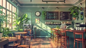 Indoor cafe scene with chairs and tables bathed in soft, natural light Seamless looping 4k time-lapse virtual video animation Generated AI