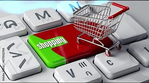 Keyboard Commerce: Mini Shopping Cart Illustration” – Representing e-commerce, the cart icon perches on a computer keyboard. The contrast between digital technology and shopping habits is striking.