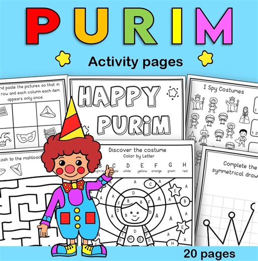 Purim Printable Activity for Kids, Coloring Pages, Jewish Holiday Worksheets for Kindergarten & Grade 1 - Etsy Canada