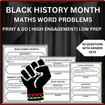 BLACK HISTORY MONTH MATHS WORD PROBLEMS | 40 QUESTIONS & ANSWERS | GRADE 3-8 |