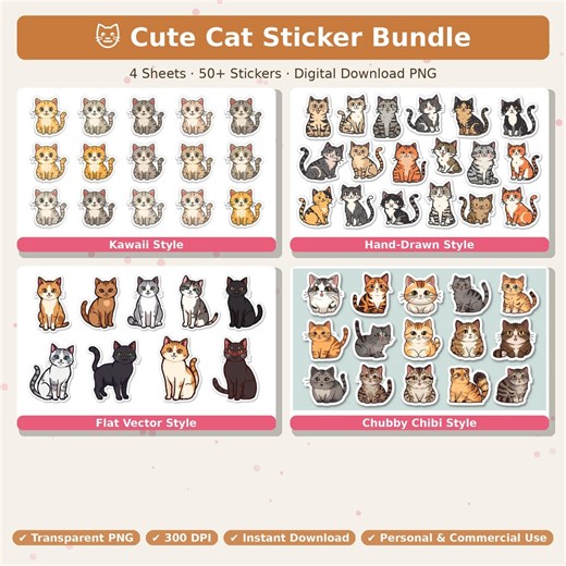 Cat Sticker Template Bundle, Printable, Kawaii Cat Clipart, DIY Kit, Instant Download - Etsy