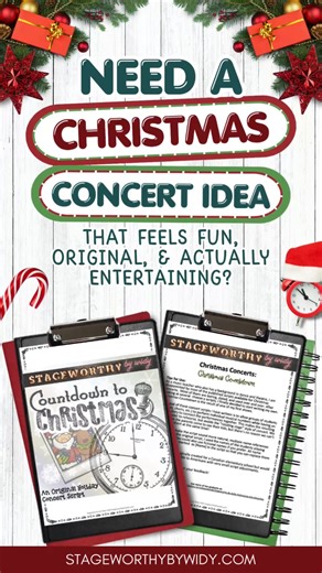 Stageworthy by Widy on Instagram: "Looking for a Christmas concert idea that is fun, unique, and actually manageable to rehearse? The Top Twelve Christmas Countdown script by Stageworthy by Widy is here to save the day. 🎄 This kid-tested, original script turns your holiday concert into a mock TV countdown special, highlighting 12 funny and festive aspects of the season. Each number comes with a song or vignette, giving your students the chance to sing, act, dance, or even do some physical comed