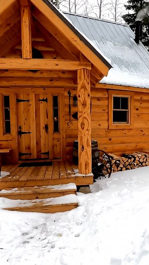 Would You Spend Your Winter Holidays in This Cabin? Peaceful nights, glowing fires, and snow-covered woods — the perfect Christmas escape for those who love cozy winter living. #Christmas | Mountain Cabin