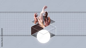 Stop motion, animation. Creative surreal design. Human hands aesthetics. Hands sticking out abstract cube over grey background. Concept of imagination, surreal art, inspiration. Magazine style