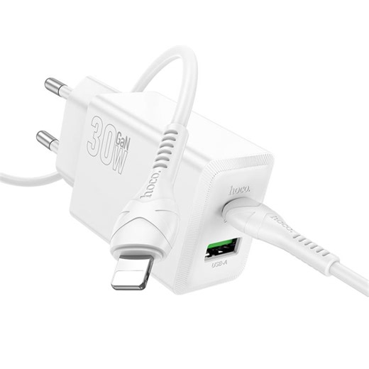 [$5.01] Cargador hoco N71 PD30W+QC3.0 de dos puertos con cable de datos tipo C a 8 pines de 1 m y 60 W. Especificaciones: enchufe UE (blanco).