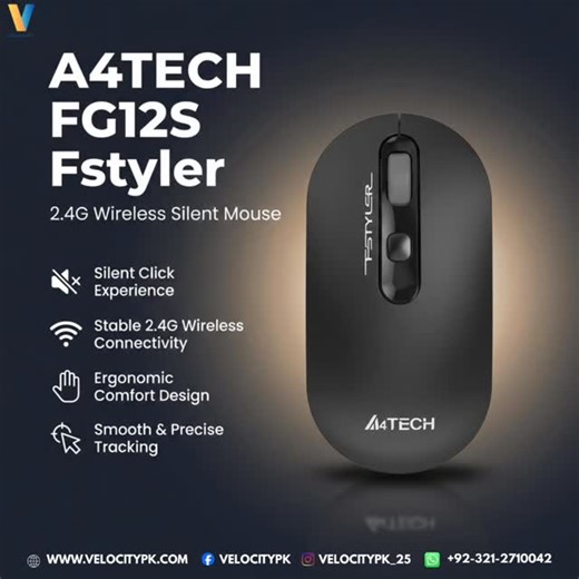 Velocitypk on Instagram: "Upgrade your everyday work with the A4Tech FG12S Fstyler 2.4G Wireless Silent Mouse 🖱️ Designed for smooth performance and quiet clicks, this mouse is perfect for office, home, and study use. ✨ Why you’ll love it: ✔ Silent click technology for distraction-free work ✔ Stable 2.4G wireless connection ✔ Ergonomic design for all-day comfort ✔ Smooth & precise cursor control Whether you’re working, studying, or browsing, enjoy comfort, control, and reliability — all in one