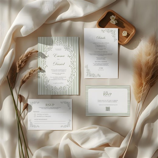 Sage Green Striped Wedding Invitation Suite, Classic Garden Invite, Elegant Botanical Stationery, Canva Editable, Spring Garden Wedding - Etsy