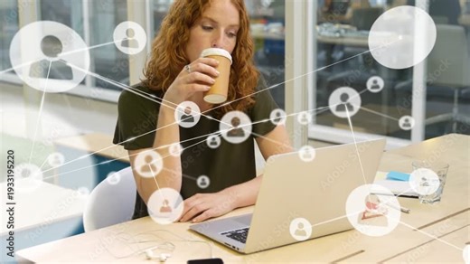 Woman typing on laptop, starting network overlay growing while grabbing cup, resuming for business