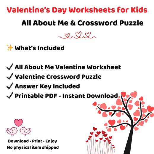Valentine’s Day Worksheets for Kids | All About Me & Crossword Puzzle | Printable Valentine Activity | Grades K–3 - Etsy