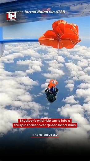 The Filtered Feed on Instagram: "Brace yourself for this adrenaline-pumping footage straight from the skies of Queensland, Australia. At a breathtaking 15,000 feet, a skydiver deploys his parachute mid-jump only for it to catastrophically snag on the plane's tail, dragging him into a heart-in-mouth tangle. With clouds swirling below and mountains peeking through, quick thinking saves the day as he cuts away and pulls his reserve chute for a safe landing. A jaw-dropping reminder of skydiving's ra