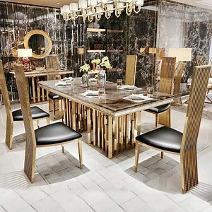 [Hot Item] 12 Persons Dining Table and Chair Shining Gloss Stainless Steel Wedding Chair Table