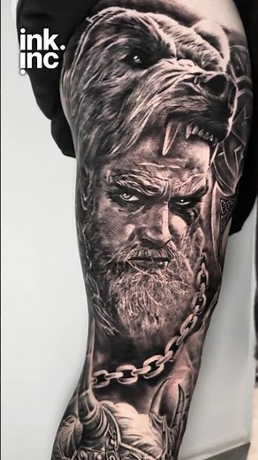 Epic Viking leg sleeve tattoo with powerful Norse mythology elements ⚔️