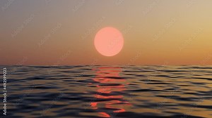 4K 3D animation. Beautiful sunset or sunrise on the ocean. Sun light beam shining through the cloudscape. Wave And Reflection Slow Motion