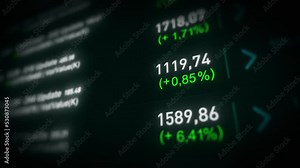 Stock Market And Exchange Board Background/ 4k animation of a business stock exchange market background with data and numbers and close-up of software screen and depth of field
