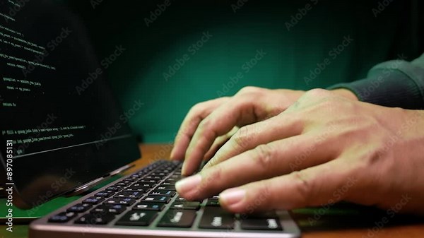 macro close up view of computer hacker's hands typing code on a keyboard with multiple layers of codes