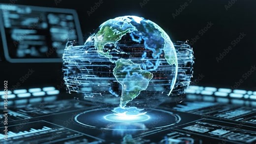 Holographic globe projection over futuristic control panel with glowing data streams, digital interface and connectivity holographic globe over digital interface earth projection with illuminated map