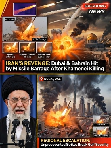 🚨 BREAKING NEWS: IRAN LAUNCHES MISSILE BARRAGE ON DUBAI & BAHRAIN AFTER KHAMENEI KILLING 🔥🌍 Gulf Region — Iran has unleashed a sweeping wave of retaliatory missile and drone strikes following the killing of Supreme Leader Ayatollah Ali Khamenei, marking a dramatic escalation in regional tensions. 💥 Explosions were reported in Dubai, Sharjah, and Manama as ballistic missiles and Shahed-type drones targeted key urban areas. ⚠️ Air defense systems were activated across the Gulf, with intercepti