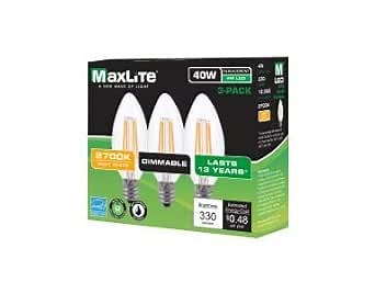 Maxlite LED Filament LAMP 4W B10 80 CRI 2700K DIM E12-3 Pack - White,F4B10D27/3P/WS