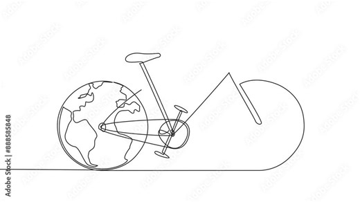 Animated self drawing of continuous one line drawing a bicycle with two globes replacing the tires. The concept of a vehicle that is friendly to the earth. Free from pollution. Full length animation