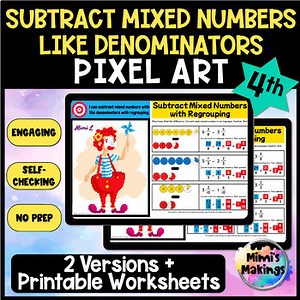 Subtract Mixed Numbers with Like Denominators with Regrouping Pixel Art Activity