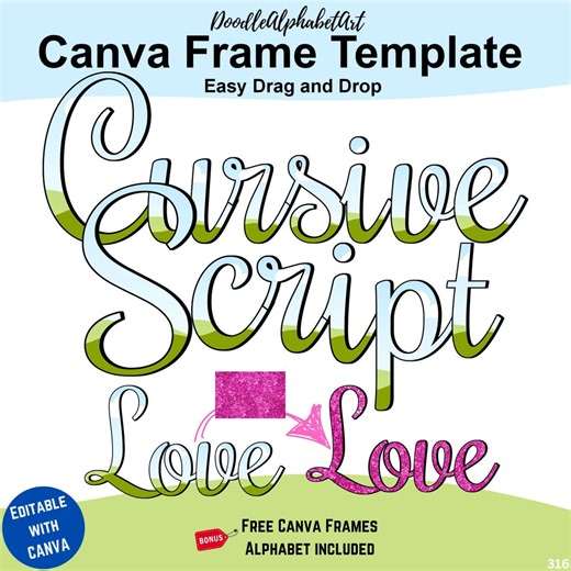 Canva Frames Cursive Script Alphabet | Editable Doodle Font With Block Shadow - Etsy UK