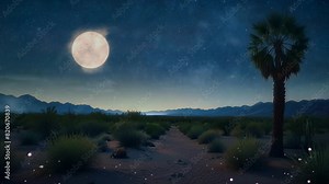 An expansive animated desert landscape bathed in the enchanting light of a beautiful full moon on a serene night. 4k looping video of night scene in the desert