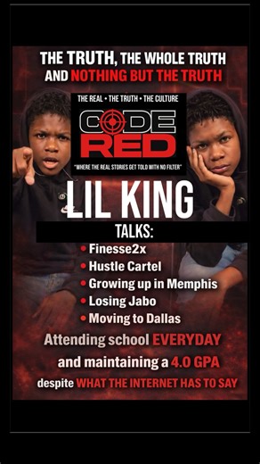 CODE RED INTERVIEWS on Instagram: "THE TRUTH, THE WHOLE TRUTH AND NOTHING BUT THE TRUTH. “THERE’S 3 SIDES TO EVERY STORY 2 HAVE ALREADY BEEN TOLD” Lil King sits down on CODE RED and speaks on everything the internet tried to twist. He talks: • Growing up in Memphis • His connection to Finesse2x • Hustle Cartel ties • The pain of losing Jabo • Moving to Dallas • Showing up to school every single day • Maintaining a 4.0 GPA despite what the comments say This ain’t rumors. This ain’t blogs. This is