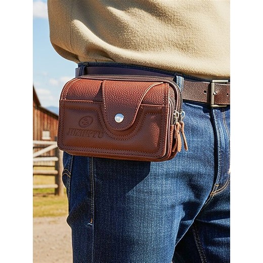 Men's Waist Bag Fanny Pack Leather Outdoor Casual Father's Day Zipper Multiple pockets Waterproof Lightweight Durable Solid Color Black Coffee 2025