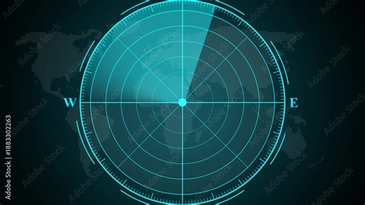 Radar screen animation, moving radar HUD call animated. Sonar tactical readout of an incoming object. 4k Scanning Submarine Radar Screen With World Map, detecting and tracking targets in real time.
