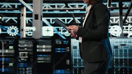 Technician walking in data center, using AR simulation to conduct security audit on IT infrastructure. Server room expert using VFX compositing visualization to verify firewall protection, camera A