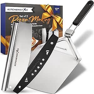 12" Pizza Making Kit (Set of 2) - 12" Pizza Cutter Rocker Knife with Blade Cover + 9.5" Stainless Steel Pizza Peel with Folding Handle- Ultimate Pizza Oven Accessories