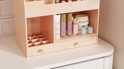 Bamboo Makeup Organizer with Drawers, Cosmetic Storage for Lipstick Organizer Beauty Holder Skincare Organizer for Dresser Vanity Bathroom Countertop, No Assembly Required (White)