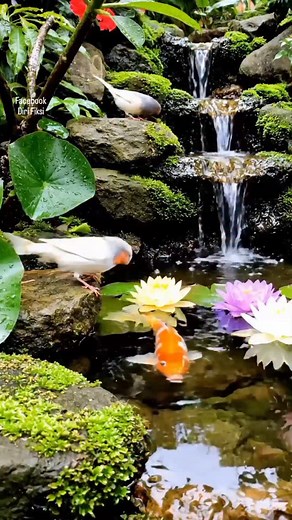 Pemandangan Alam Burung, Bunga, Kolam Ikan Koi Air terjun mini #pemandangan #bunga #burung #kolamkoi #relaxing #NatureLovers #TranquilMoments #BeautifulGardens #beautybirds #birds #rilaksasi | Pemandangan Nature