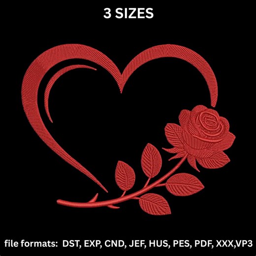 Heart Rose Embroidery Design, Love Floral Heart Machine Embroidery, Valentine Rose Design, 3 Sizes, Instant Download - Etsy